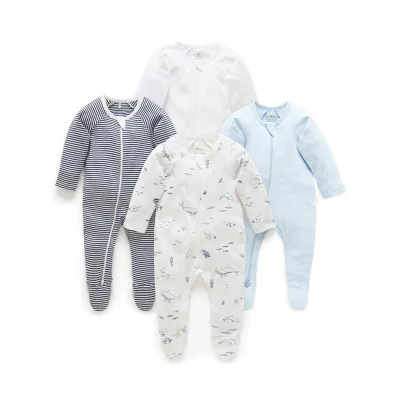 Purebaby Baby Cotton Plain & Floral Zip Sleepsuit, Pack of 4, Pink Blossom - Blue