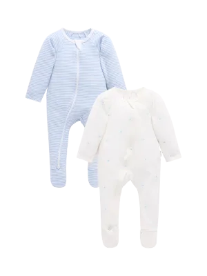 Purebaby Baby Cotton Essentials Zip Sleepsuit, Pack of 2, Blue Bear - Newborn