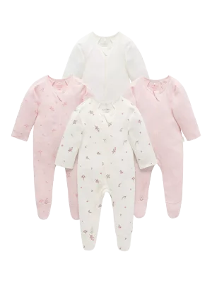 Purebaby Baby Cotton Plain & Floral Zip Sleepsuit, Pack of 4, Pink Blossom - 0-3m