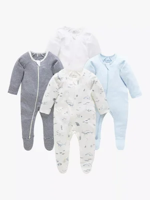 Purebaby Baby Organic Cotton Sleepsuit, Pack of 4, Vanilla Nautical - 3-6 Months