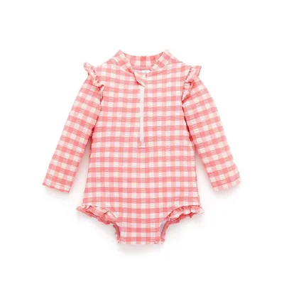Purebaby Printed Frilly Long Sleeved Swimsuit - Pomegranate Gingham