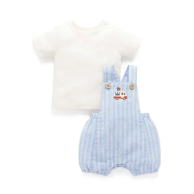 Purebaby Short Leg Overall Set - Laguna Stripe | Natural Baby Shower