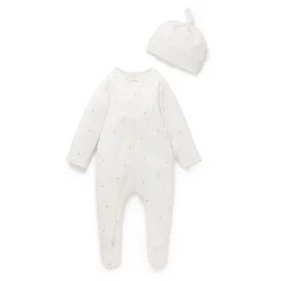 Purebaby Zip Sleepsuit & Hat Set - Vanilla Bear / NB