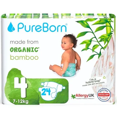 PureBorn Eco Organic Bamboo Nappies, Size Newborn (up to 5 kg), 34 Nappies, Hypoallergenic, Ultra Soft, Dermatologically Tested, Wetness Indicator