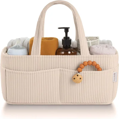 PUTSKA Baby Nappy Caddy Organiser for Changing Table - Stylish Nursery Storage Basket, Newborn Essentials, Baby Shower Gifts and Registry Must-Haves for Boy or Girl, Car Nappy Caddy, Corduroy Cream