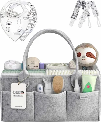 PUTSKA Baby Nappy Caddy Organizer Set - Nursery Storage Basket for Nappy Station, Baby Basket Shower Gift List and Registry Must-Have, Newborn Essentials, Nursery Decor for Boy or Girl - Grey / Set