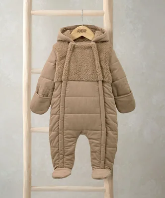 Quilted Cord & Borg Pramsuit with 3D Ears - Brown - Newborn