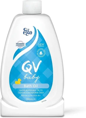 QV Baby Bath Oil, 500ml - with Vitamin E, Delicate, Water-dispersible, Everyday Use, Non-Greasy for Sensitive Skin, Suitable for Face, Body & Hair, Baby Bath Wash for Eczema, Cradle Cap, Dermatitis - 500 ml (Pack of 1)