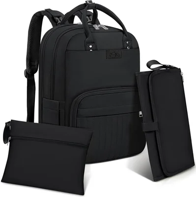 RAINSMORE Baby Changing Bags Nappy Tote Bag Waterproof Baby Diaper Bag for Mom and Dad with Pacifier Holder and Portable Changing Mat Black - Black / 14 x 46 x 36 cm