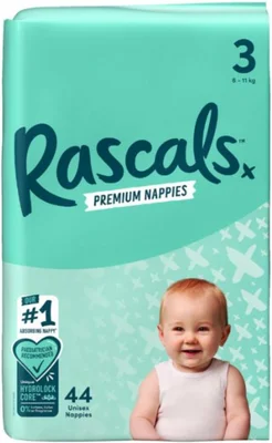 Rascals Premium Baby Diapers - Comfortable & Leak-Proof Diaper for Babies 6-11 kg - Soft & Gentle Diapers Size 3 - Pack of 44 Count - Default