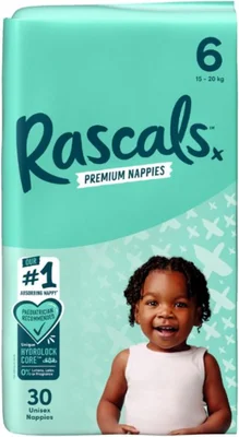 Rascals Premium Baby Diapers, Comfortable & Leakproof Baby Diapers for 30-44 lbs Babies, Soft & Soft Diapers, Size 6, Pack of 30