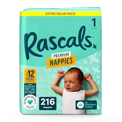 Rascals Premium Nappies Size 1, 216 Count, Feather-Soft