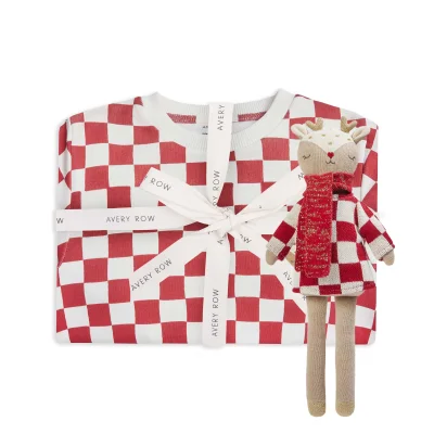 Red Checkerboard Pyjamas Reindeer Knitted Toddler Toy Bundle 2 7s