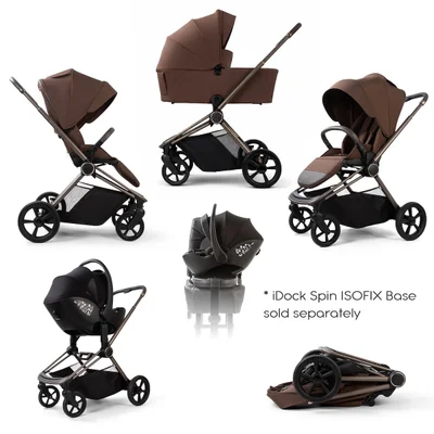 Red Kite Baby Push Me Cruise 3 in 1 Foldable Carrycot Travel System- Chestnut - With Spin ISOFIX Base - Brown