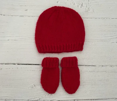 Red knitted baby hat and mittens-newborn or 0-3 months