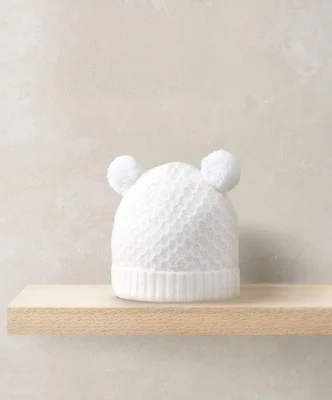 Rib Knit Hat & Pom Poms - White - 0-3 Months