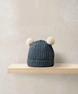 Rib Knit Hat with Pom Poms - Blue - 3-6 Months
