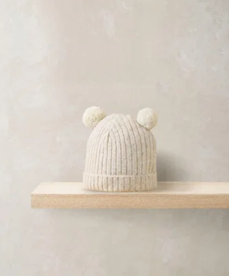 Rib Knit Hat with Pom Poms - Oatmeal - 6-12 Months