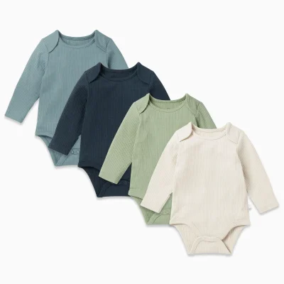 Ribbed Long Sleeve Bodysuit 4 Pack - Ribbed Sage & Blue Mix / 9 - 12 M