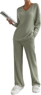 SotRong Womens Lounge Wear Sets Ladies Leisure Suits Two Piece Outfit Tracksuit Set Long Sleeves V Neck Baggy Pullover Tops Wide Leg Long Pants Apricot M