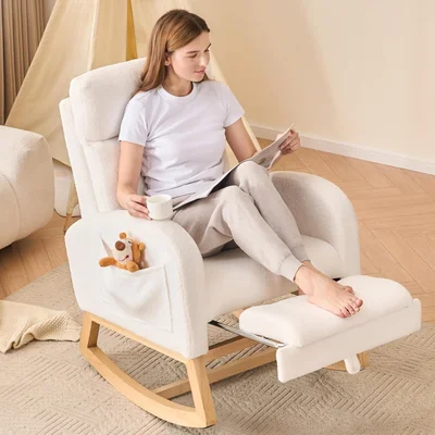 Rocking Chair with Footrest and Headrest, Teddy Wooden Nursing Chairs for adults with Extra Wide Seat and Large Side Pocket, Ergonomic Support for Nursery, Living Room - Ivory-1 / Teddy + Footstool