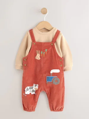 Rust Brown Farmyard Cord Dungarees and Bodysuit Baby Set (0mths-3yrs) - Size Up To 1Mth - Rust Brown Farmyard