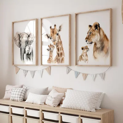Safari Animal Prints - Set of 3 Wild Animal Nursery Wall Art for Babies Room, Gender Neutral Decor, Giraffe Mum & Baby Pictures (Elephant, Giraffe, Lion, A4)