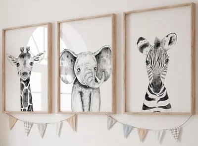 Safari Animals With Sage Green Background Set of 3 Unframed Poster Prints For Baby Girl Boy Nursery Bedroom, Neutral Safari Bedroom Decor Wall Art Posters, Elephant Giraffe Zebra (3 prints, A4) - 3 Prints / A4