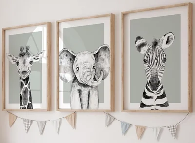 Safari Animals With Sage Green Background Set of 3 Unframed Poster Prints For Baby Girl Boy Nursery Bedroom, Neutral Safari Bedroom Decor Wall Art Posters, Elephant Giraffe Zebra (3 prints, A4) - A4