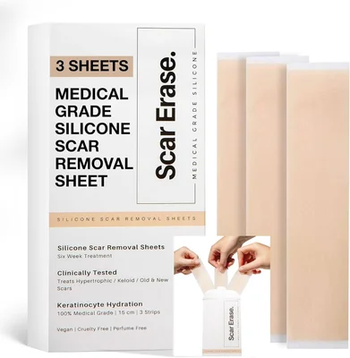 SCAR ERASE Medical Grade Silicone Scar Sheets (3cm x 15cm) - Soften and Flattens Keloid, Hypertrophic, Surgery, Injury & C-Section Scars - Vegan, Cruelty-Free - 6 Week Reusable Treatment (Pack of 3)