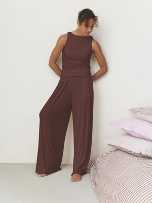 self. Chocolate Brown Rib Pyjama set with Ruching - Chocolate Brown
