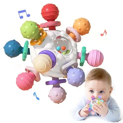 Sensory Teething Toys Teether for 3 Months Baby, Grabbing Ball Baby Toy, Silicone Teething Ring, Montessori Motor Skills Toy, Baby Rattle, Babies Gifts for 0 6 9 Months 1 Year (White)