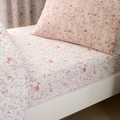 Set of 2 Woodland Floral 100% Cotton Fitted Sheets - Pink