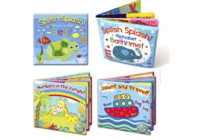 Set of 4 Baby Bath Books | First Words ABC Letters & Numbers | Plastic Coated & Padded | Floating Fun Educational Learning Toys for Toddlers & Kids - Blue / Small