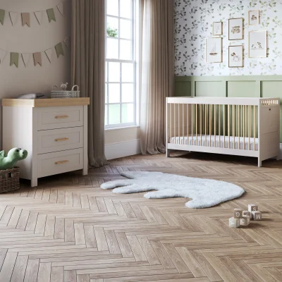 Seville 2 Piece Nursery Set with Convertible Cot Bed to Toddler Bed & Dresser