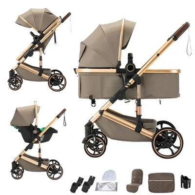 Shineey 3 in 1 Baby Stroller Travel Systems Pushchair Aluminium Frame High Landscape Combined Strollers Lightweight Folding Stroller for Height Compact Stroller (H9BROWN, H9)