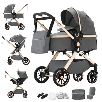 Shineey 3 in 1 Baby Stroller Travel Systems Pushchair Aluminium Frame High Landscape Combined Strollers Lightweight Folding Stroller for Height Compact Stroller (H9BROWN, H9)