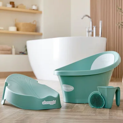 Shnuggle Baby Bath, Bath Support, Brush and Jug Bundle- Eucalyptus - Eucalyptus