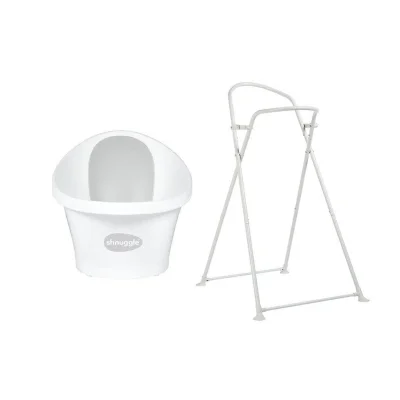 Shnuggle Newborn Baby Bath | Built in Support Bump and Soft Backrest | Suitable from Newborn | Bath Seat Support Includes Plug | White with Grey backrest