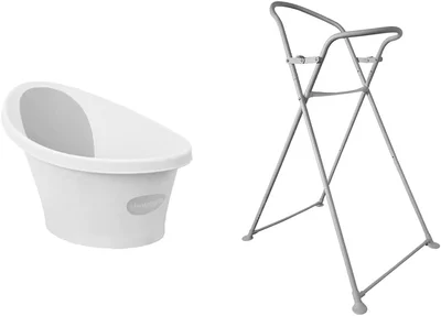 Shnuggle Newborn Baby Bath | Built in Support Bump and Soft Backrest | Suitable from Newborn | Bath Seat Support Includes Plug | White with Grey backrest & New Folding Bath Stand