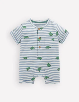 Short Sleeve Jersey Romper-Blue Stripe Baby Turtles - Blue Stripe