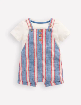 Short Woven Dungarees Set-Blue and Red Stripe - Blue and Red Stripe