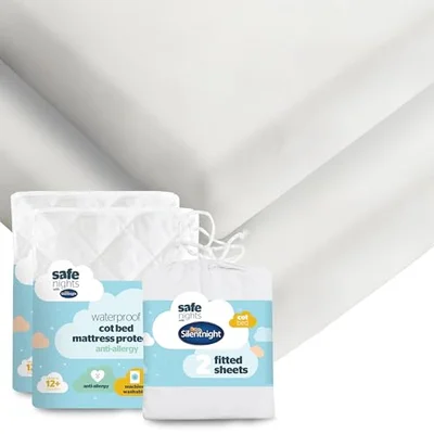Silentnight Safe Nights Cot Bed 2 Waterproof Mattress Protectors with 2 Fitted Sheets
