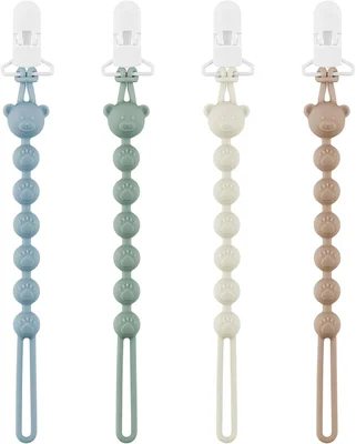 DOUUCO Silicone Dummy Clip for Baby Boys and Girls, Soother One Piece Pacifier Clip, Soft Soother Pacifier Holder BPA Free Teething Toys 4 Pack
