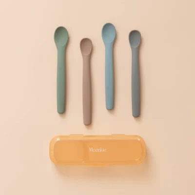 Moonkie Baby Feeding Bundle – Silicone Training Spoons (4 Pack) + Non-Slip Silicone Placemats (2 Pack), BPA Free