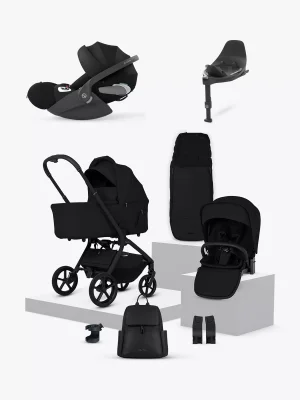 Silver Cross Breez Stroller, Carrycot & Accessories with Cybex Cloud T i-Size Rotating Baby Car Seat and Base, Onyx
