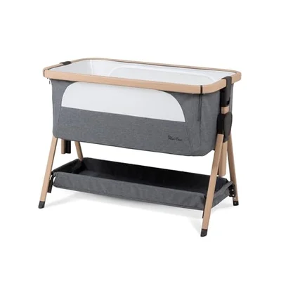 Silver Cross - Lunar Bedside Crib with Travel Bag - Next to me Crib - Birth to Approx. 6 months (9kg) - Drop Down Panel For Safe Side by Side Sleeping - 7 Height - Whisper Grey - Whisper Grey