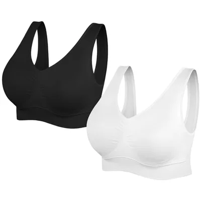 SIMIYA Super Comfort Bra, Womens Sports Bras Removable Pads Plus Size Sleep Bras for Girls in Yoga Bralette Leisure Stretch Crop Tops Vest (M, 2 Pack Black+White)
