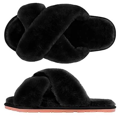 SIMIYA Womens Fluffy Slippers, Anti-Skid Faux Fur House Slippers, Warm Furry Cozy Open Toe Sliders for Girls Indoor Outdoor Shoes(Black,UK 3/4) - Black / 3/4 UK