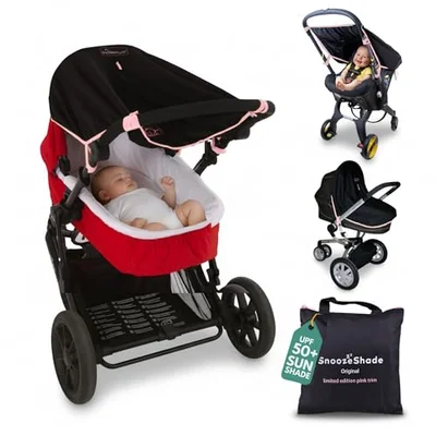 SnoozeShade Original 0-6m Pram and Buggy Sun Shade Blackout Cover Blocks 99% UV UPF 50 Baby Sleep Aid Better Than Breathable Mesh Canopy for Carrycot and Pushchair - Black With Pale Pink Trim / Universal - Single